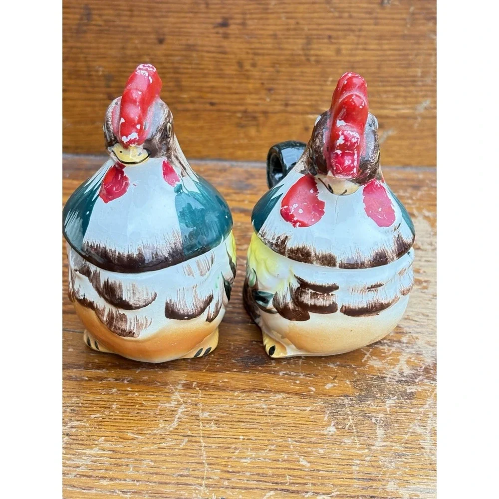 Rooster & Hen Chicken Salt Pepper/Sugar Creamer Folk Art Farmhouse  Japan